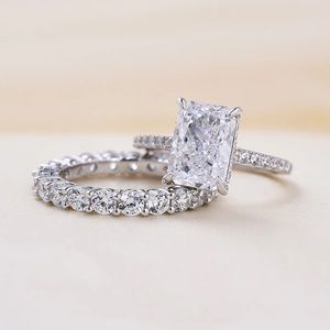 Radiant Cut Wedding Ring Set In Sterling Silver